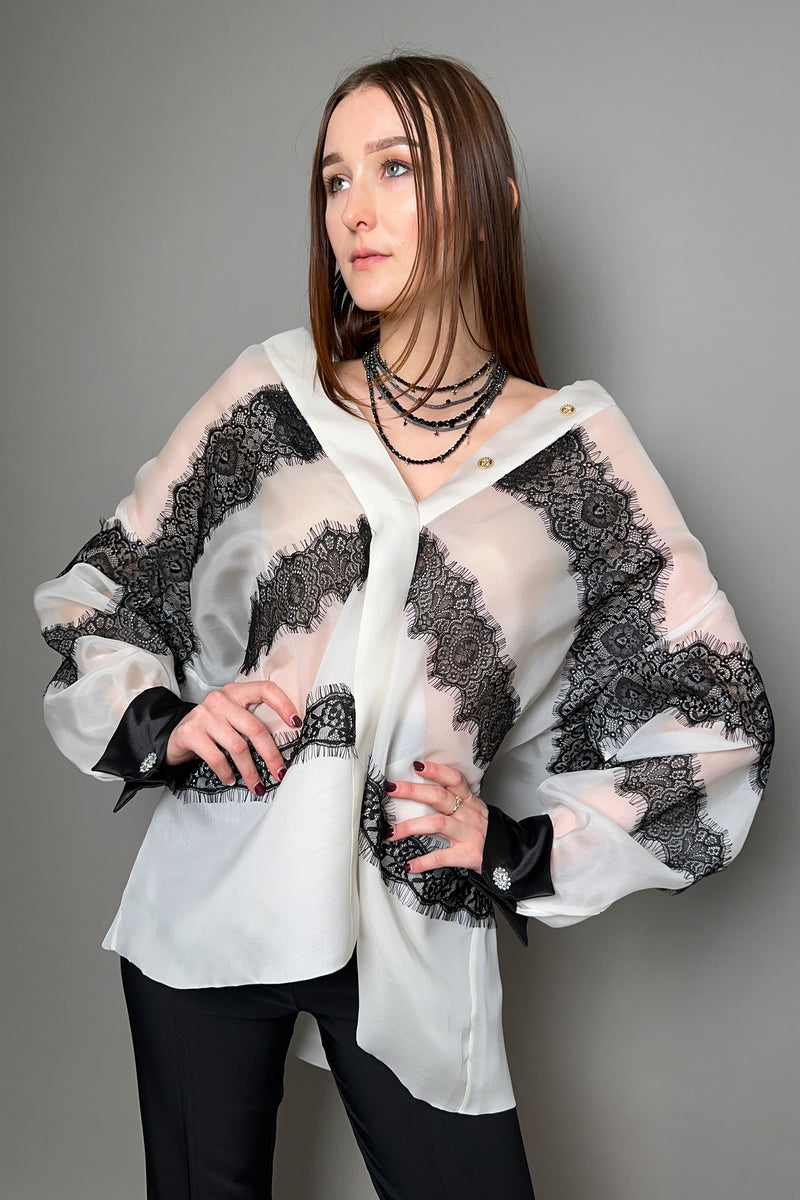 Edward Achour Oversized Organza Shirt in Ivory with Black Lace