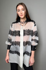 Edward Achour Oversized Organza Shirt in Ivory with Black Lace
