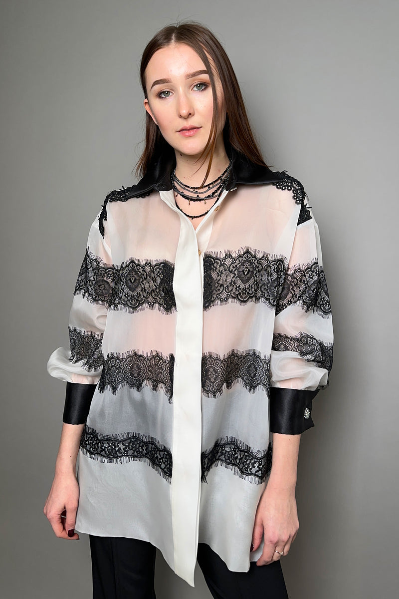 Edward Achour Oversized Organza Shirt in Ivory with Black Lace