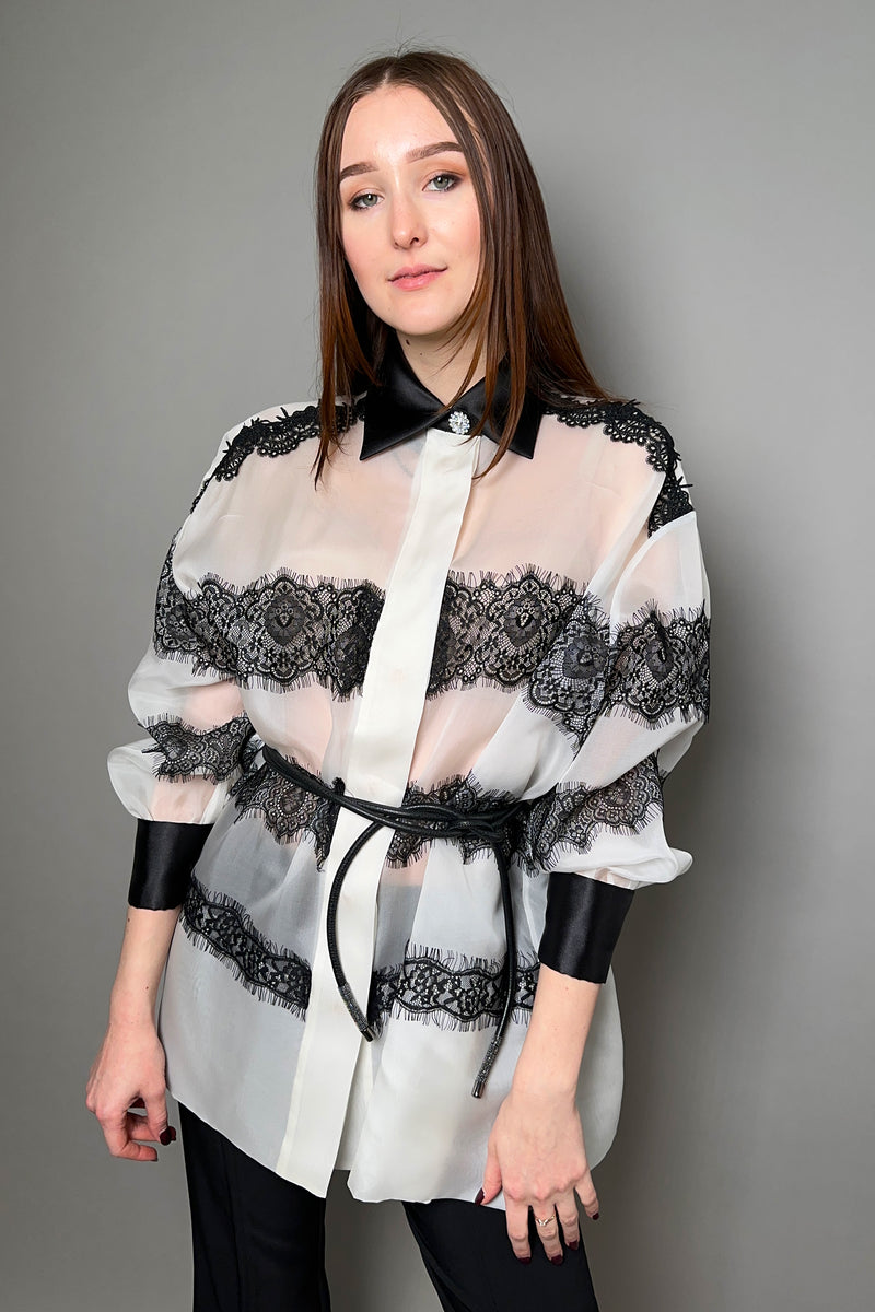 Edward Achour Oversized Organza Shirt in Ivory with Black Lace