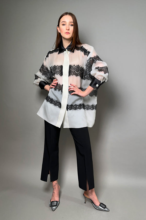 Edward Achour Oversized Organza Shirt in Ivory with Black Lace