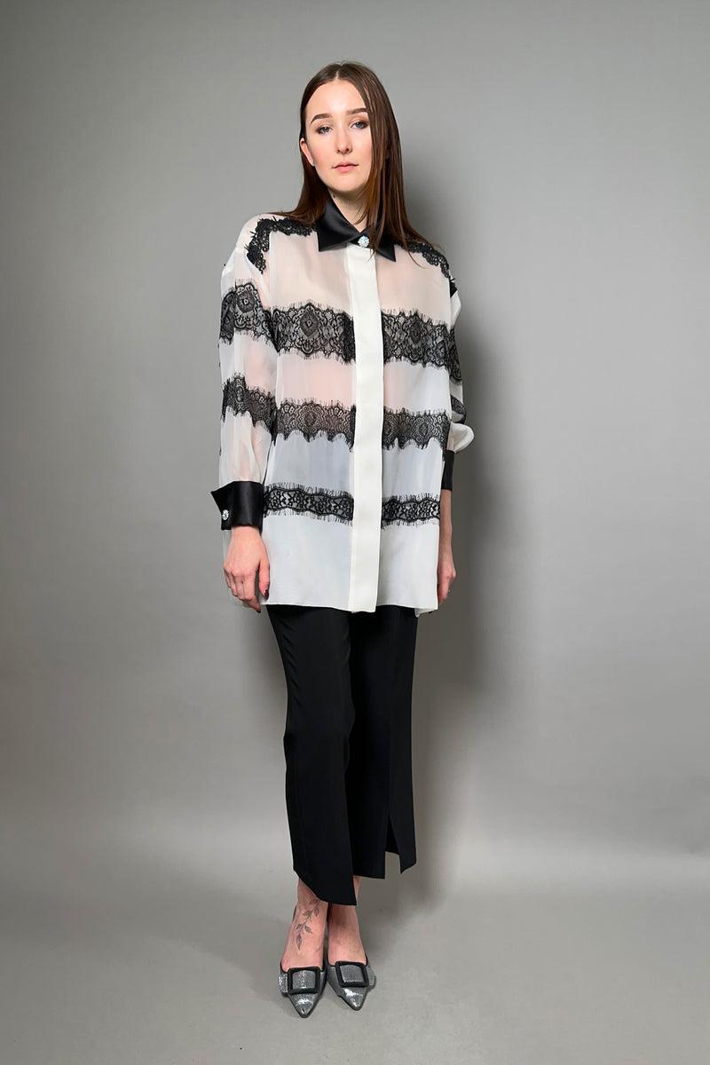 Edward Achour Oversized Organza Shirt in Ivory with Black Lace