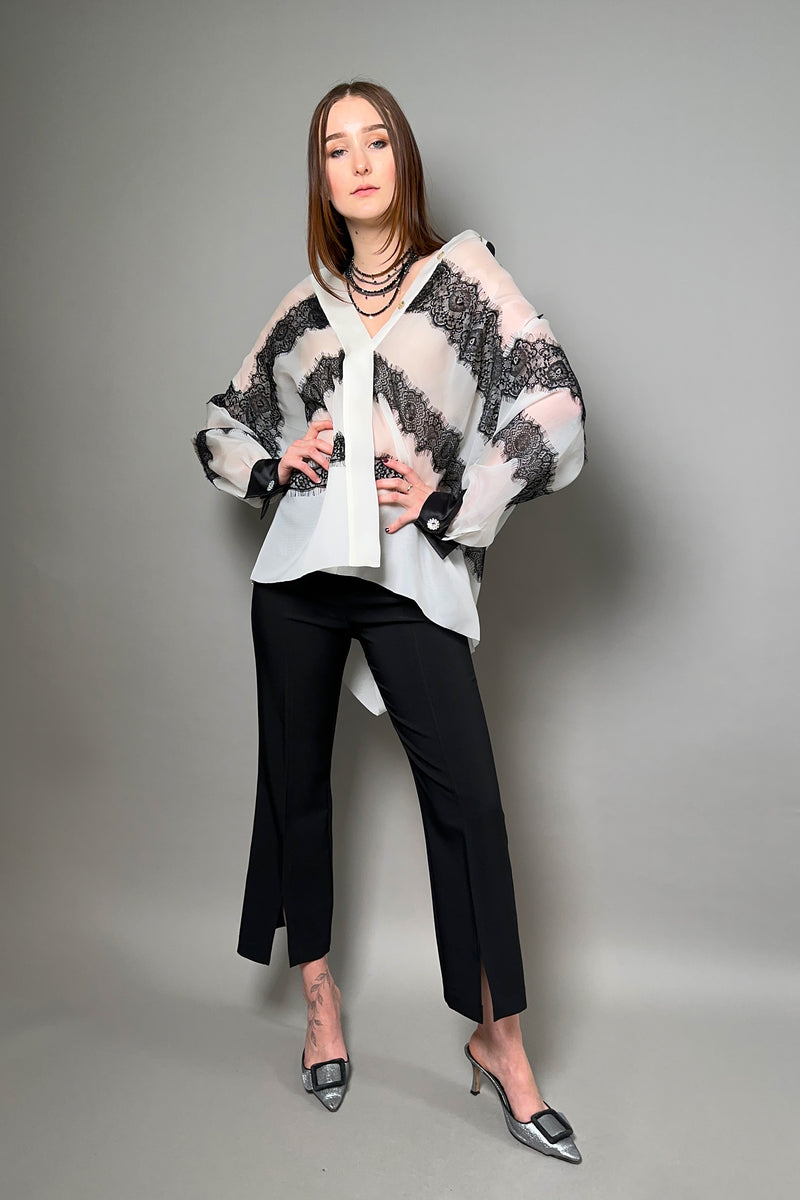 Edward Achour Oversized Organza Shirt in Ivory with Black Lace