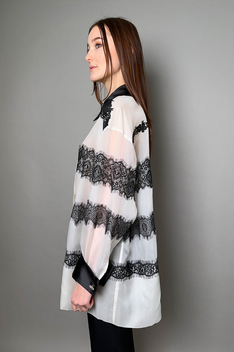 Edward Achour Oversized Organza Shirt in Ivory with Black Lace