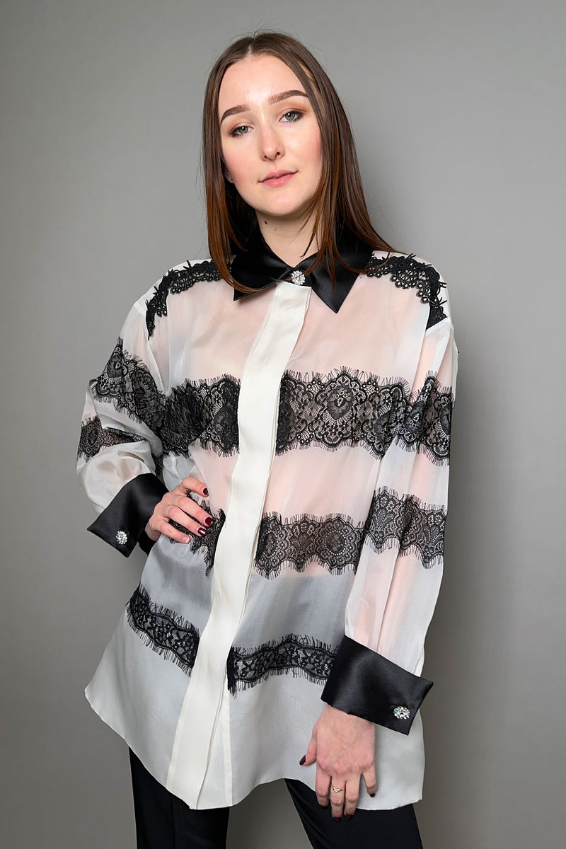 Edward Achour Oversized Organza Shirt in Ivory with Black Lace