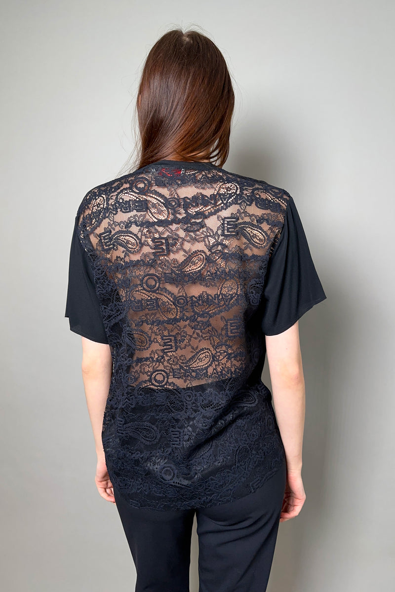 Ermanno Scervino Firenze Silk T-Shirt with Transparent Lace Back in Black