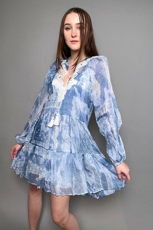 Ermanno Scervino Firenze Chiffon Floral Pattern Dress in Blue and White