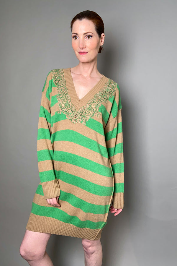 Ermanno Scervino Firenze Striped Knit Sweater Dress in Green and Camel