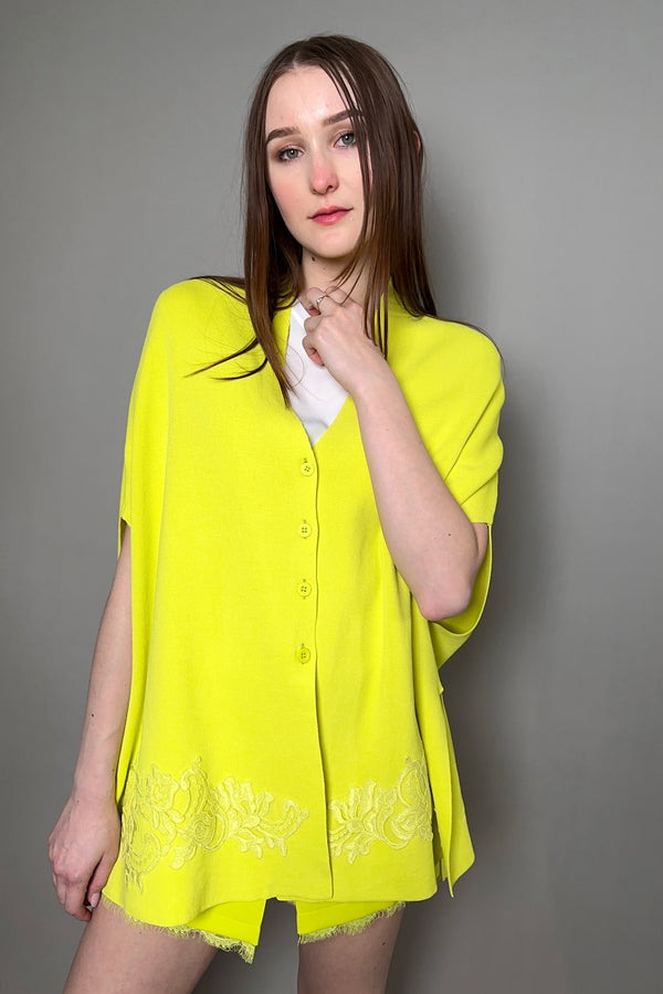 Ermanno Scervino Firenze Knit Cape with Lace Detail in Neon Yellow-Green