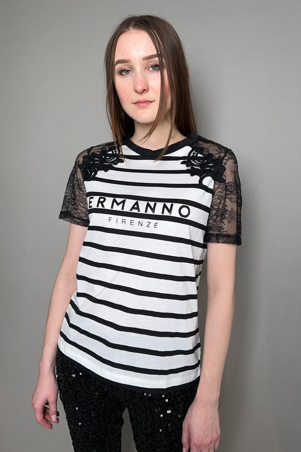 Ermanno Scervino Firenze Striped Cotton T-Shirt with Lace Detail