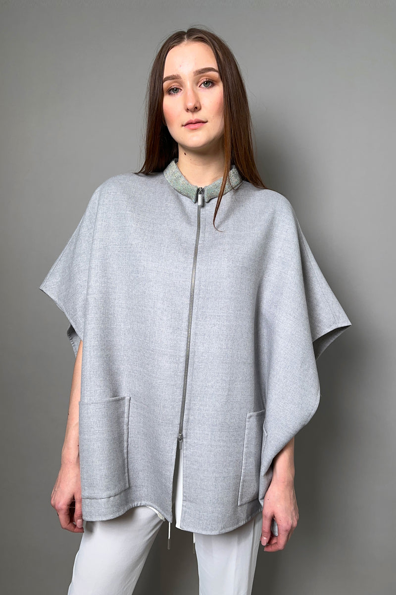 Fabiana Filippi Wool Silk Cape with Brilliant Collar in Grey