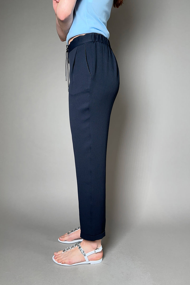 Fabiana Filippi Silk Crepe Jogger Pants with Brilliant Beading in Ink Blue