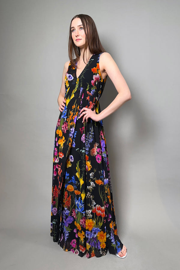 Fuzzi Black Tulle V-Neck Dress with Floral Pattern