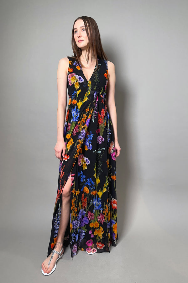 Fuzzi Black Tulle V-Neck Dress with Floral Pattern
