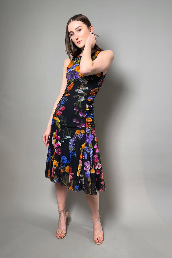 Fuzzi Ruched Black Tulle Dress with Floral Pattern