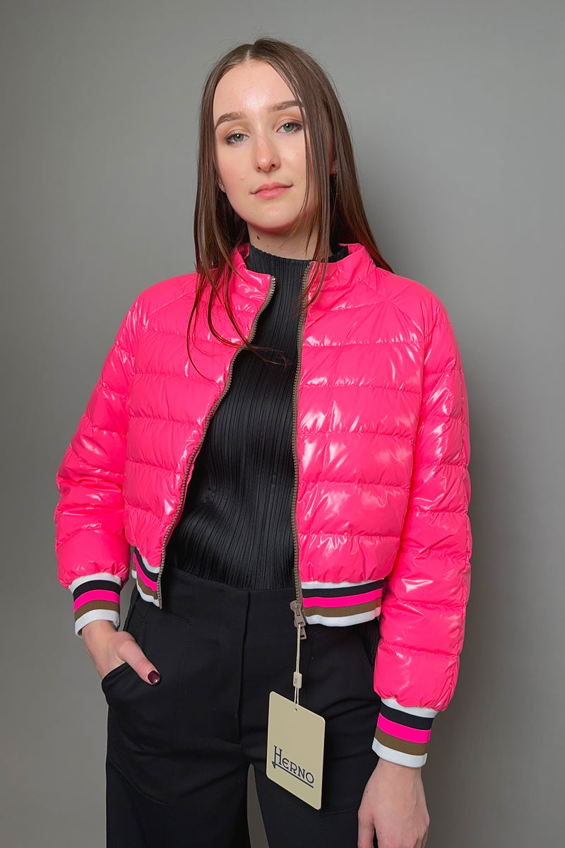 Herno New Arrivals Cropped High Gloss Padded Jacket in Hot Pink - Ashia Mode
