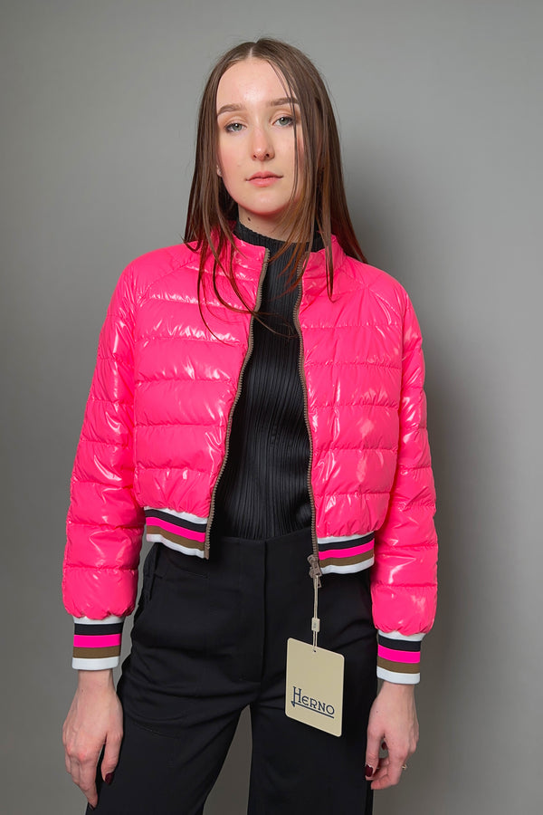 Herno New Arrivals Cropped High Gloss Padded Jacket in Hot Pink - Ashia Mode