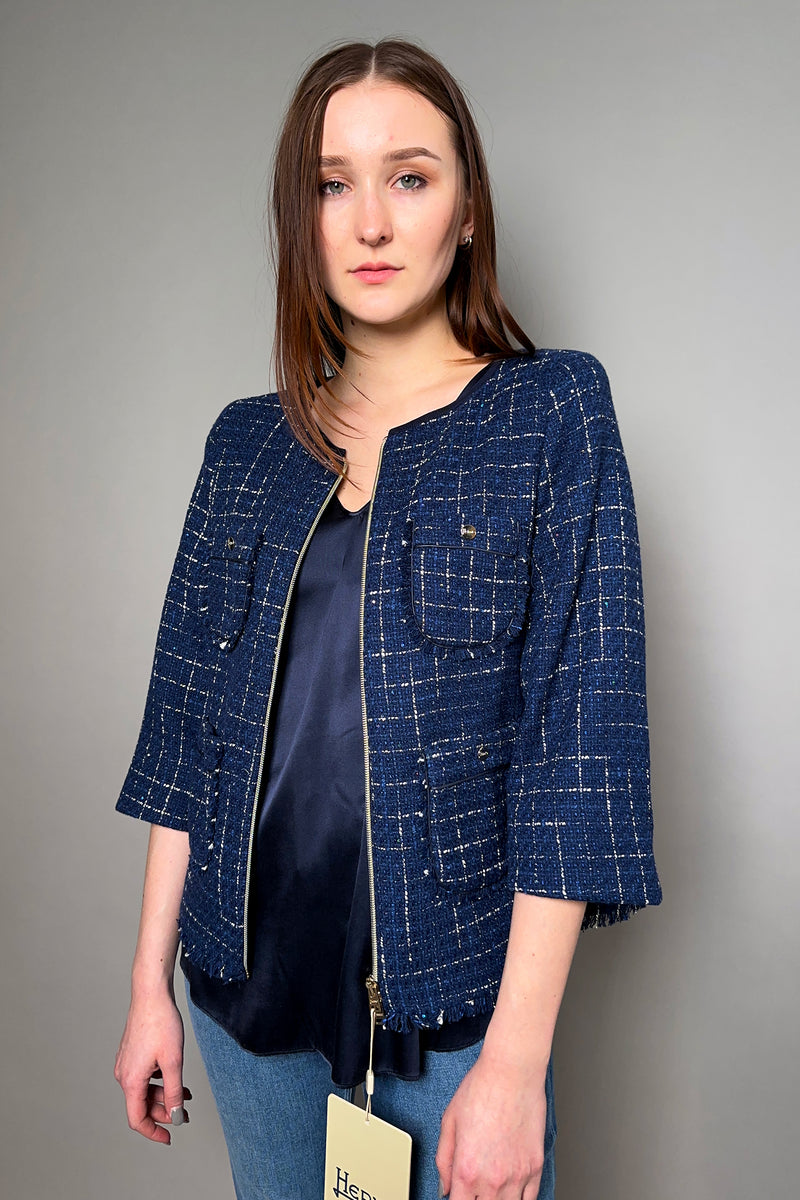Herno New Arrivals Tweed Jacket in Navy - Ashia Mode