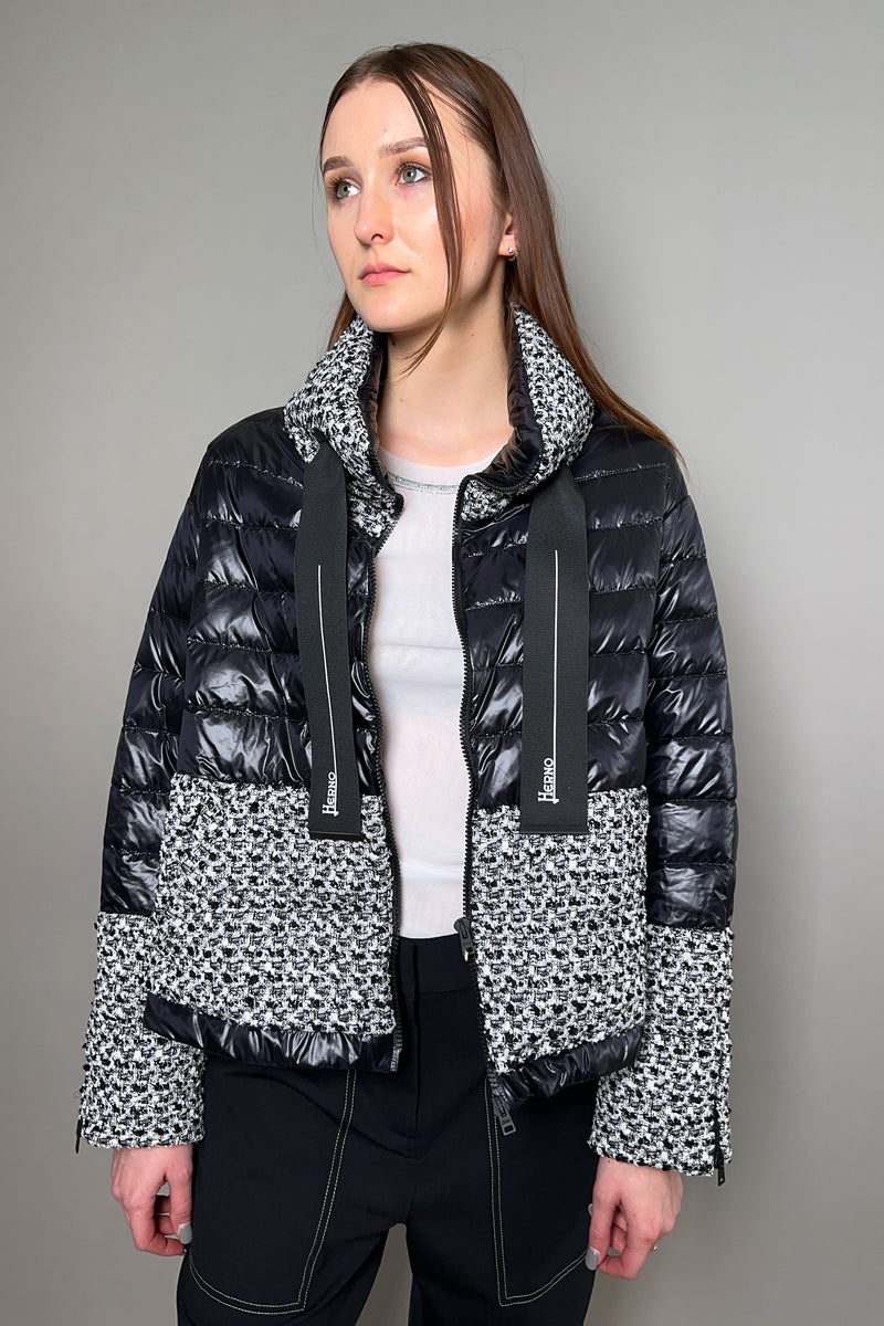 Herno New Arrivals Black Puffer Jacket with Bouclé in Black and White - Ashia Mode