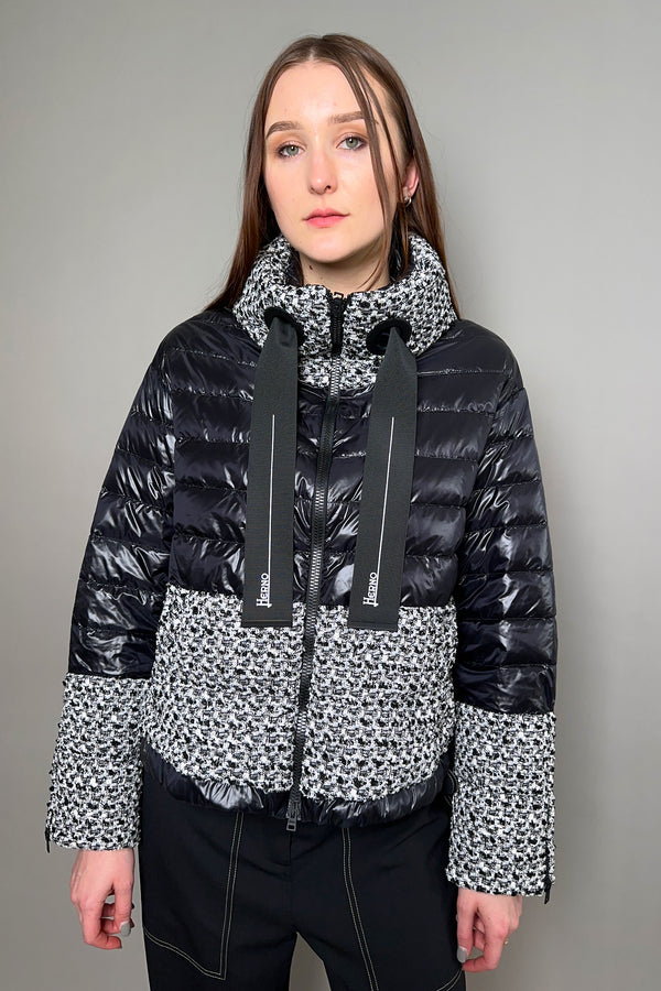Herno New Arrivals Black Puffer Jacket with Bouclé in Black and White - Ashia Mode