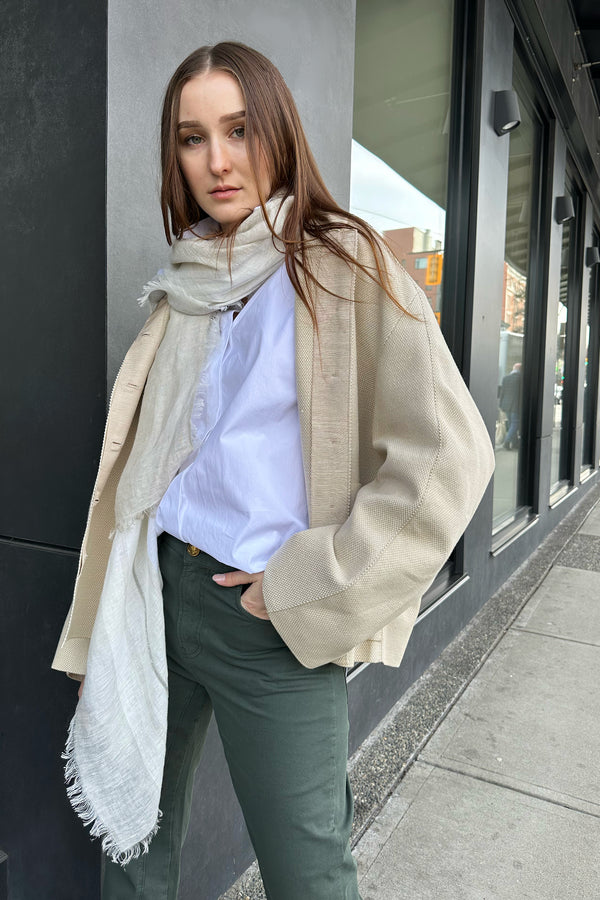 Lorena Antoniazzi Light-Weight Basket Weave Cotton Jacket in White and Beige