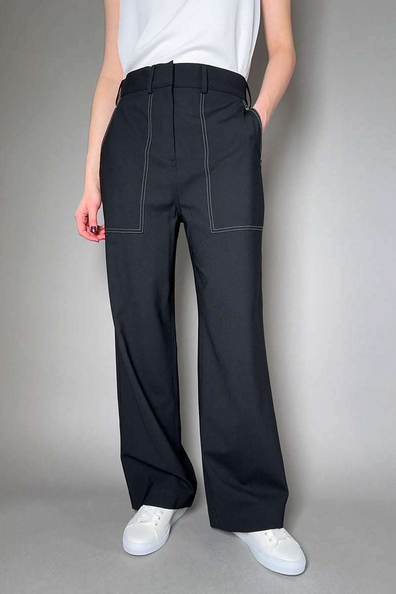 Lorena Antoniazzi Wide-Leg Wool Trousers with Contrast Stitch in Black