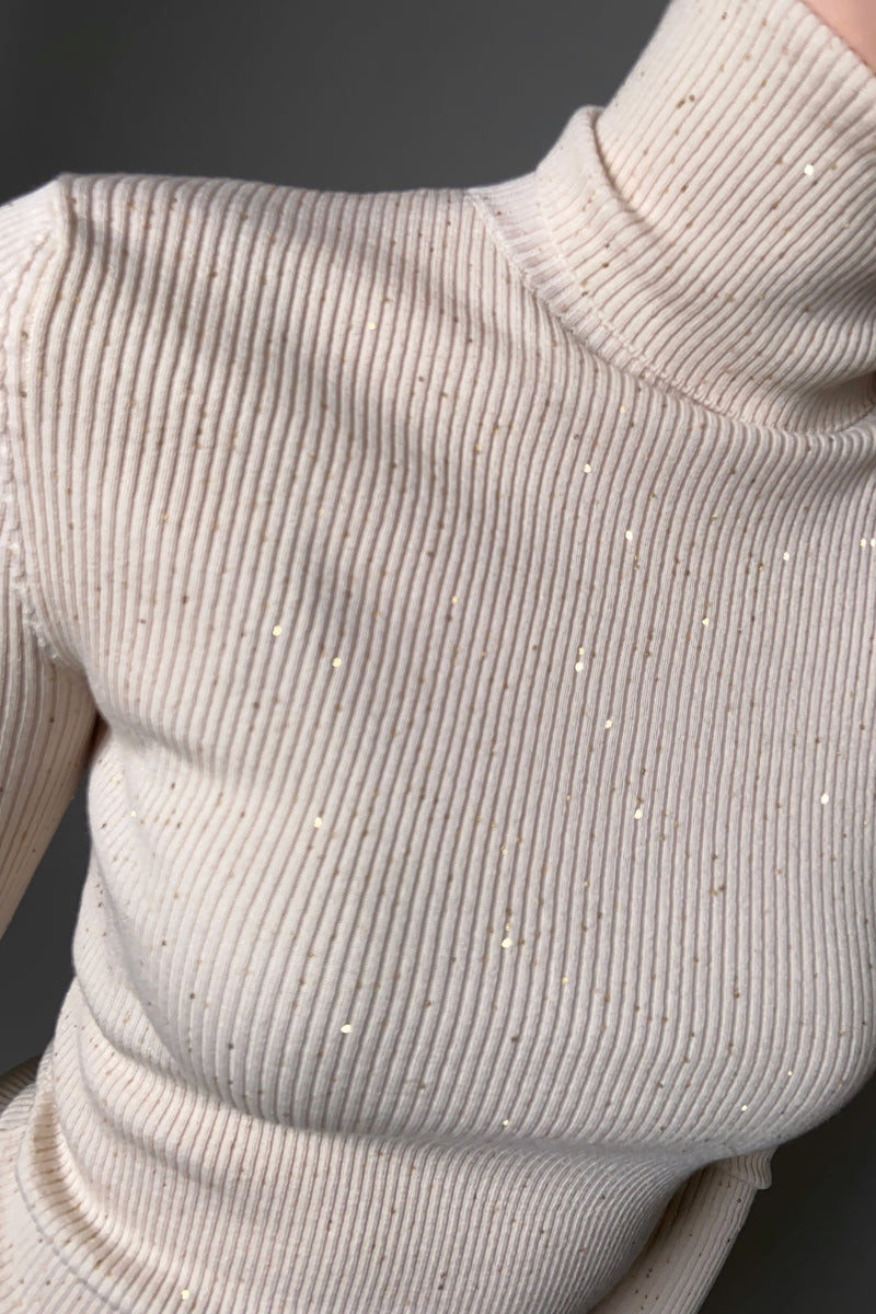 Lorena Antoniazzi Ribbed Sequin Turtleneck in Cream