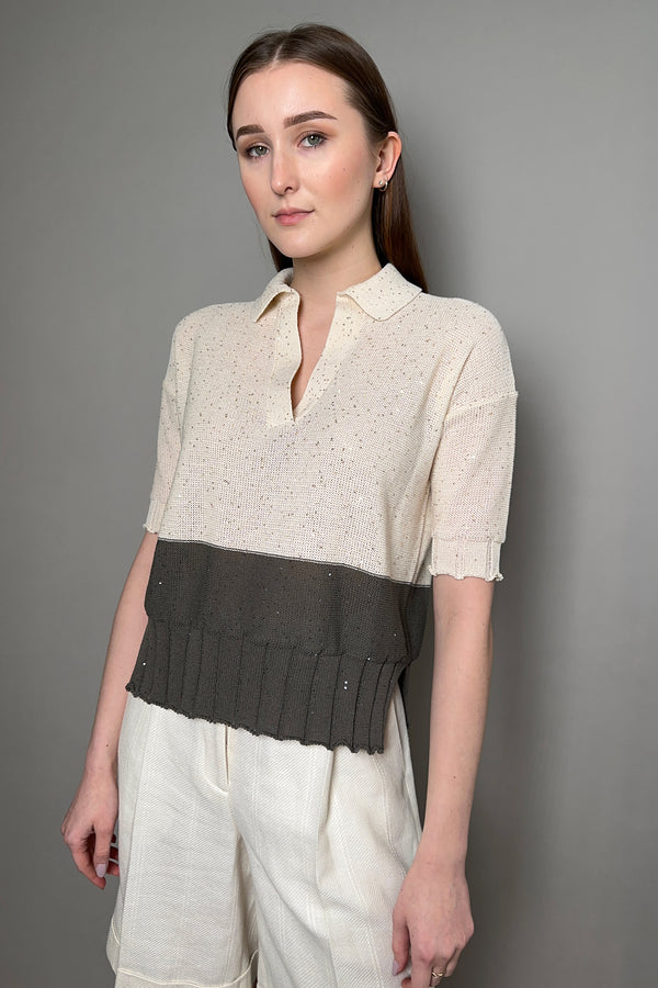 Lorena Antoniazzi Knit Polo with Mini Sequins in Cream and Khaki Green