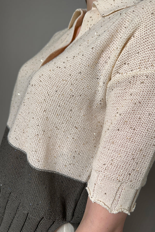 Lorena Antoniazzi Knit Polo with Mini Sequins in Cream and Khaki Green