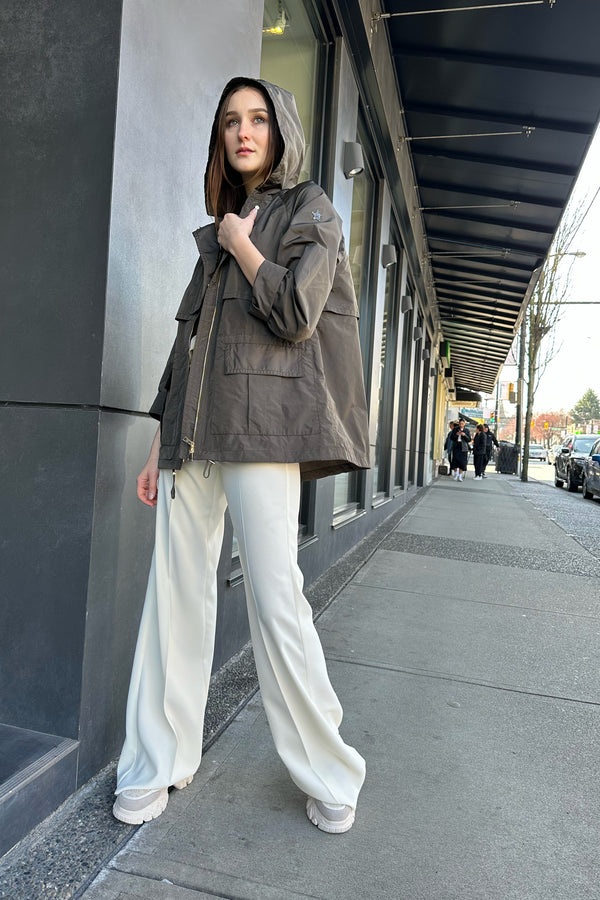 Lorena Antoniazzi Light-Weight Hooded Taffeta Jacket in Khaki Green