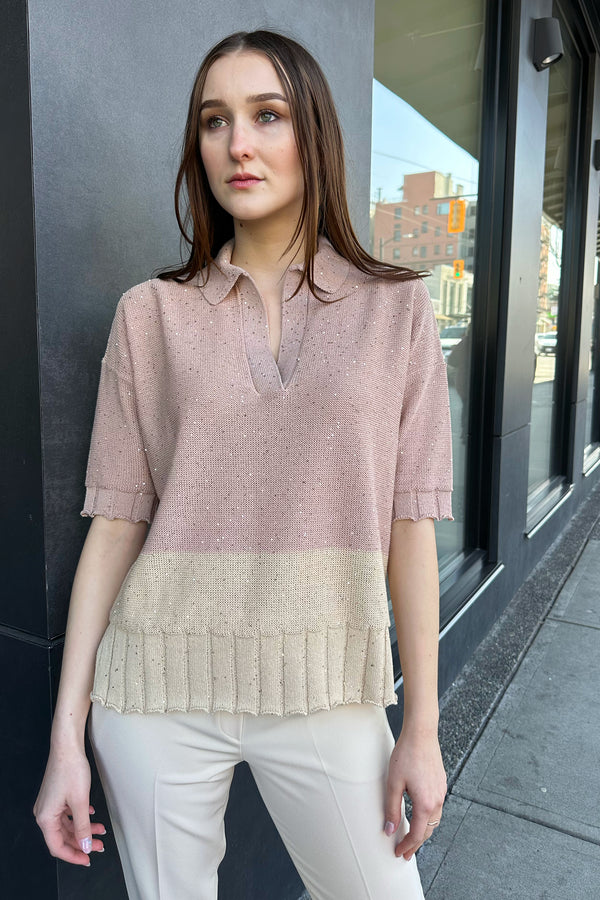 Lorena Antoniazzi Knit Polo with Mini Sequins in Dusty Rose and Beige