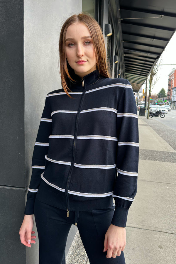 Lorena Antoniazzi Navy Zip-Up Cardigan with Transparent Stripes