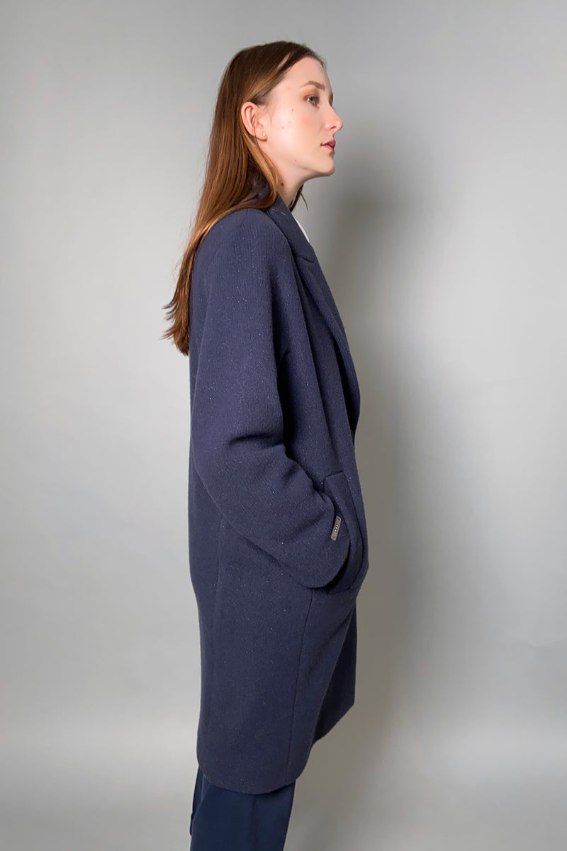 Peserico Navy Wool Overcoat with Subtle Sparkle- Ashia Mode- Vancouver, BC