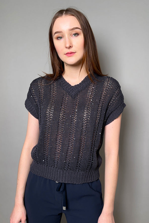 Peserico Open Knit Top with Subtle Sparkle in Navy - Ashia Mode