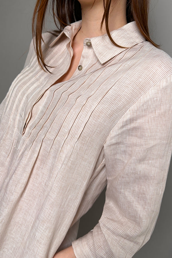 Peserico Pinstripe Linen Shirt Dress in Oatmeal - Ashia Mode