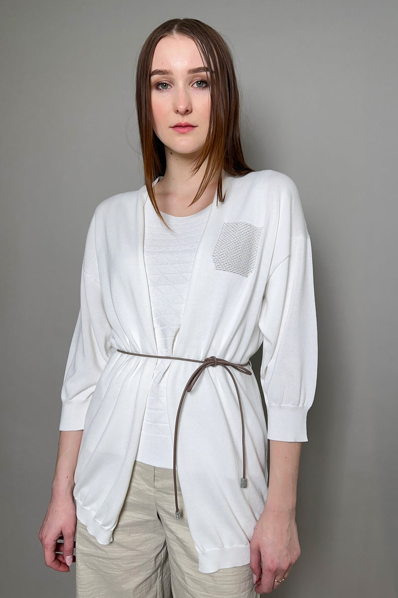 Peserico Knit Cotton Cardigan with Beaded Pocket in White - Ashia Mode