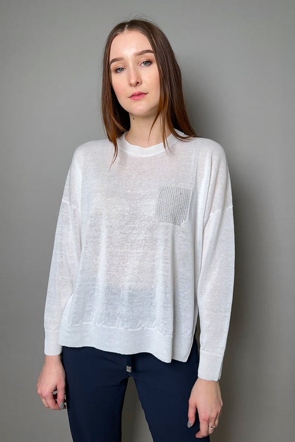 Peserico Knit Top with Beaded Pocket in White - Ashia Mode