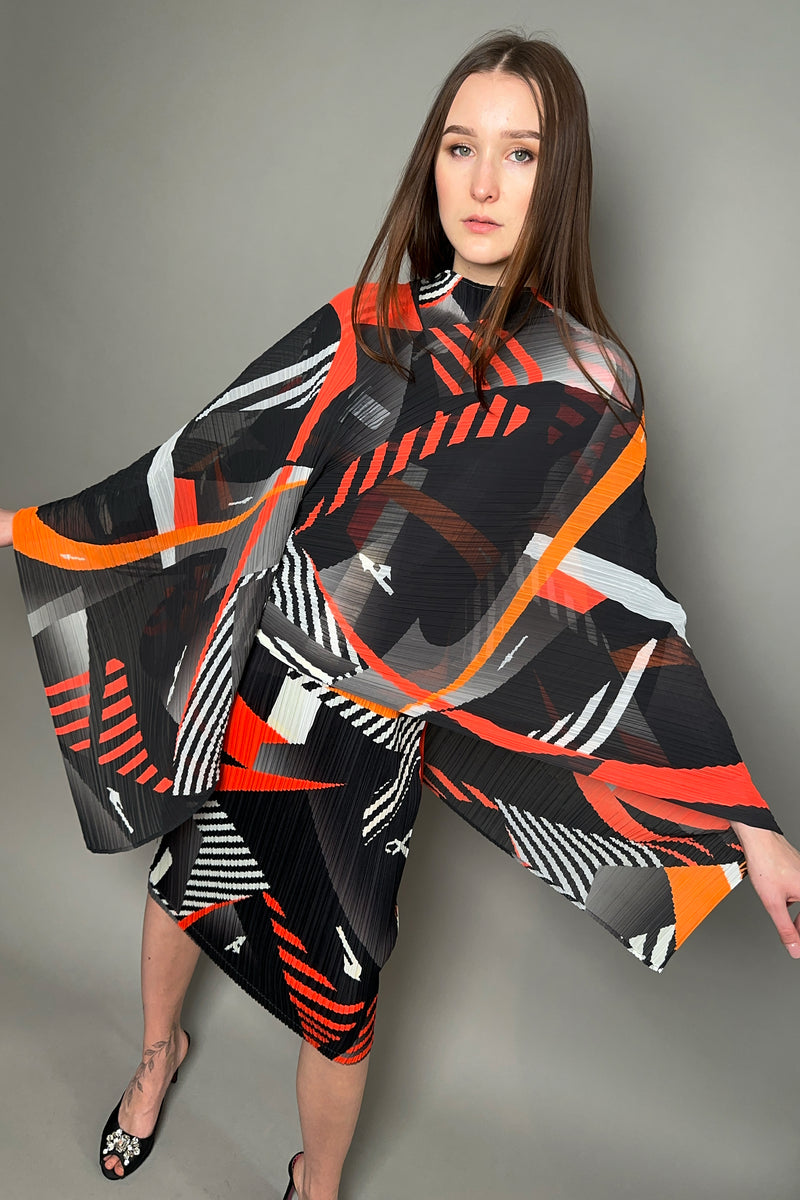 Pleats Please Freeway Madame-T Shawl in Black and Orange