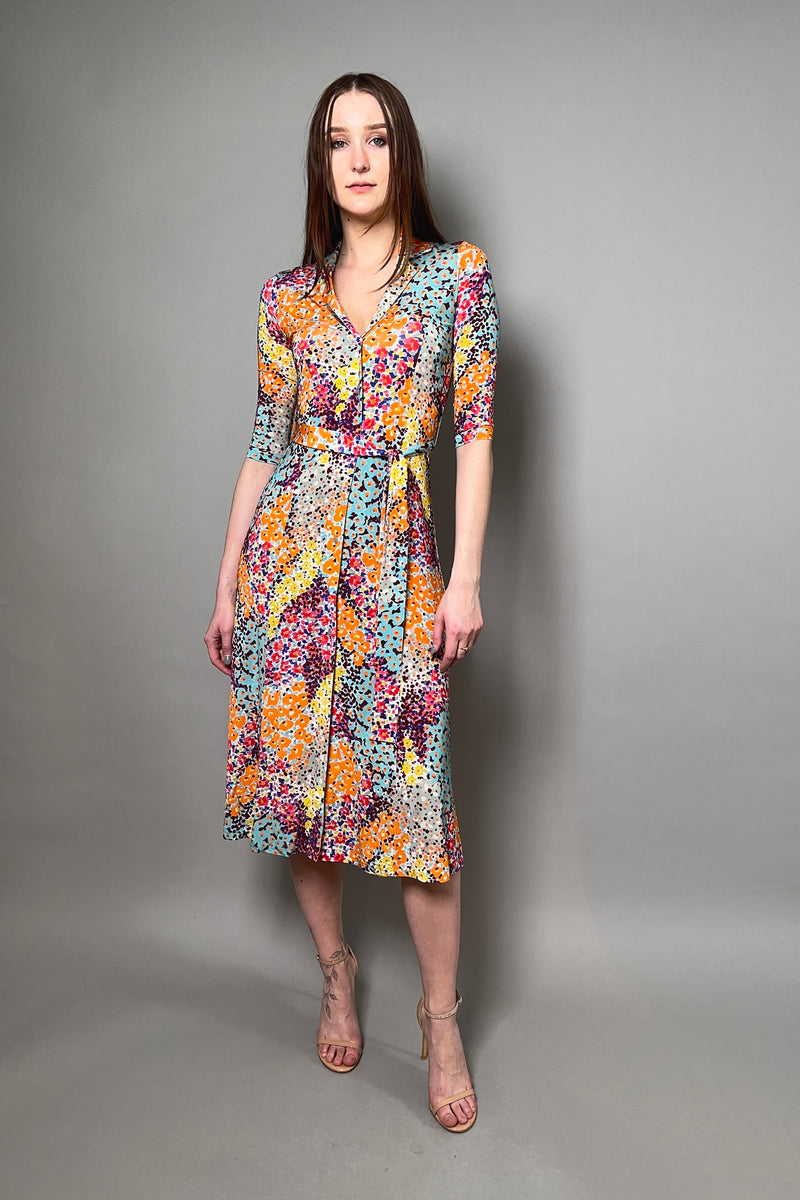 Rosso 35 Elbow Length Sleeve Belted Viscose Dress in Vibrant Multi Colored Abstract Print - Ashia Mode