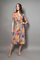 Rosso 35 Elbow Length Sleeve Belted Viscose Dress in Vibrant Multi Colored Abstract Print - Ashia Mode