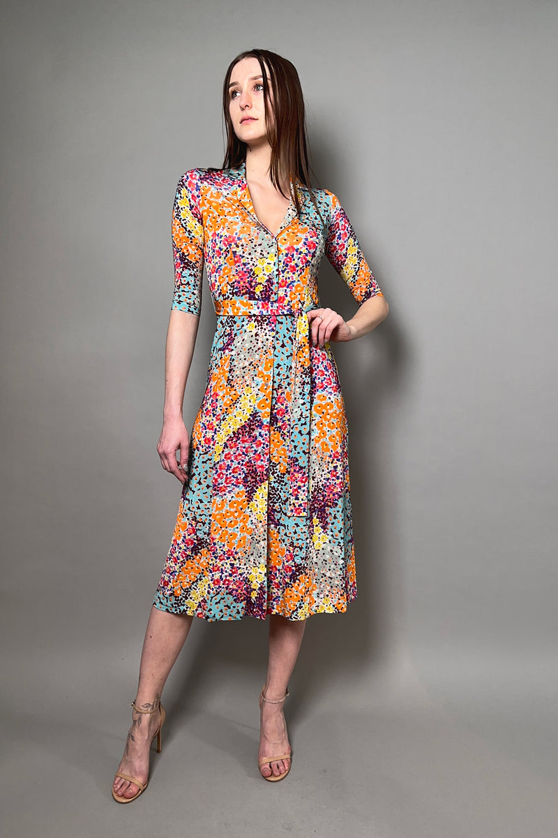 Rosso 35 Elbow Length Sleeve Belted Viscose Dress in Vibrant Multi Colored Abstract Print - Ashia Mode