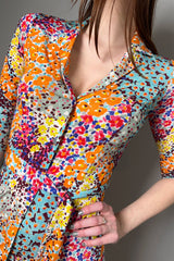 Rosso 35 Elbow Length Sleeve Belted Viscose Dress in Vibrant Multi Colored Abstract Print - Ashia Mode