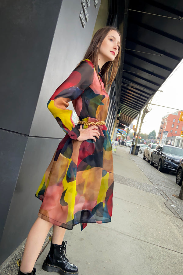 Sara Roka Organza Shirt Dress with Watercolour Print