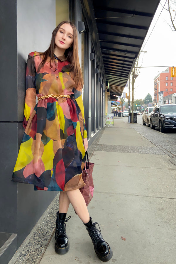 Sara Roka Organza Shirt Dress with Watercolour Print