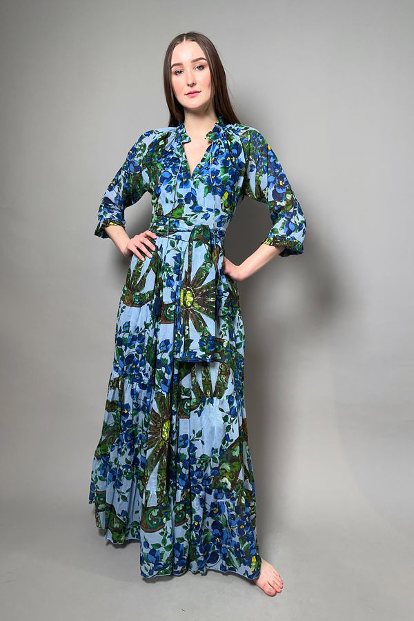 Samantha Sung Muslin "Eden" Tiered Dress in Soft Blue Antique Wheel Print - Ashia Mode