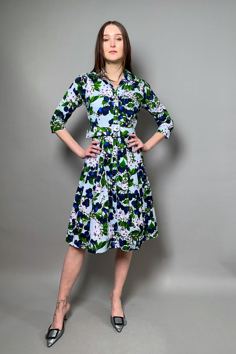 Samantha Sung Cotton Stretch Shirt Dress in Blue Cherry Blossom Print - Ashia Mode