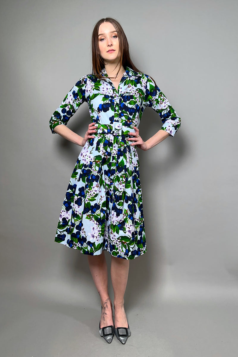 Samantha Sung Cotton Stretch Shirt Dress in Blue Cherry Blossom Print - Ashia Mode