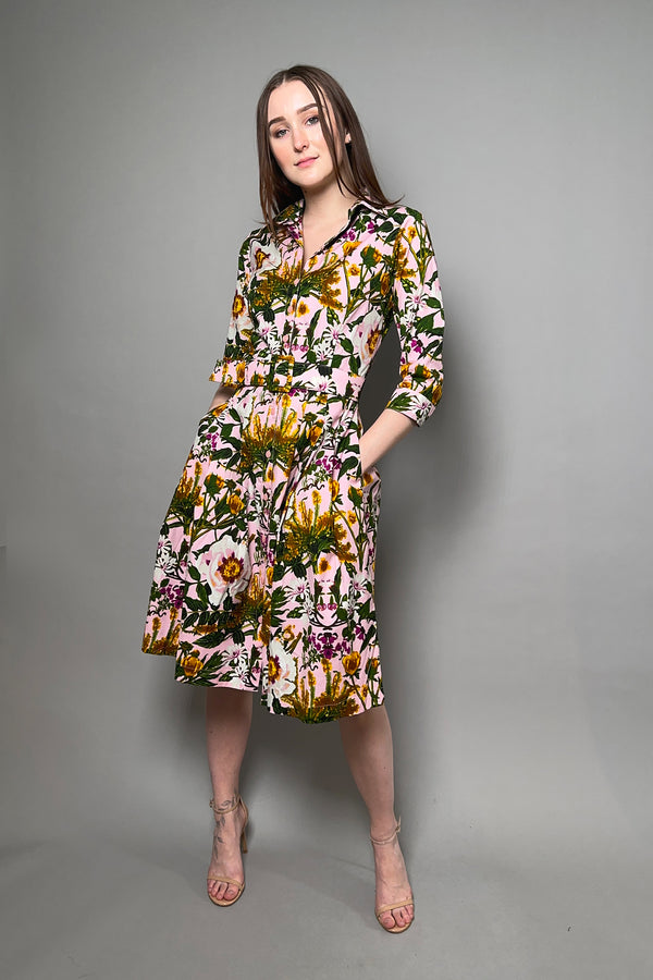 Samantha Sung Cotton Stretch "Audrey" Shirt Dress in Soft Pink Goldenrod Flower - Ashia Mode