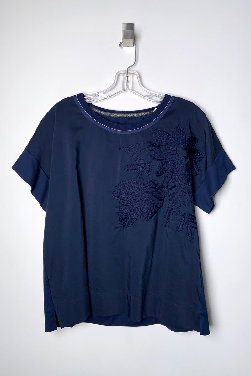 Tonet Floral Embroidered T-Shirt In Navy - Ashia Mode